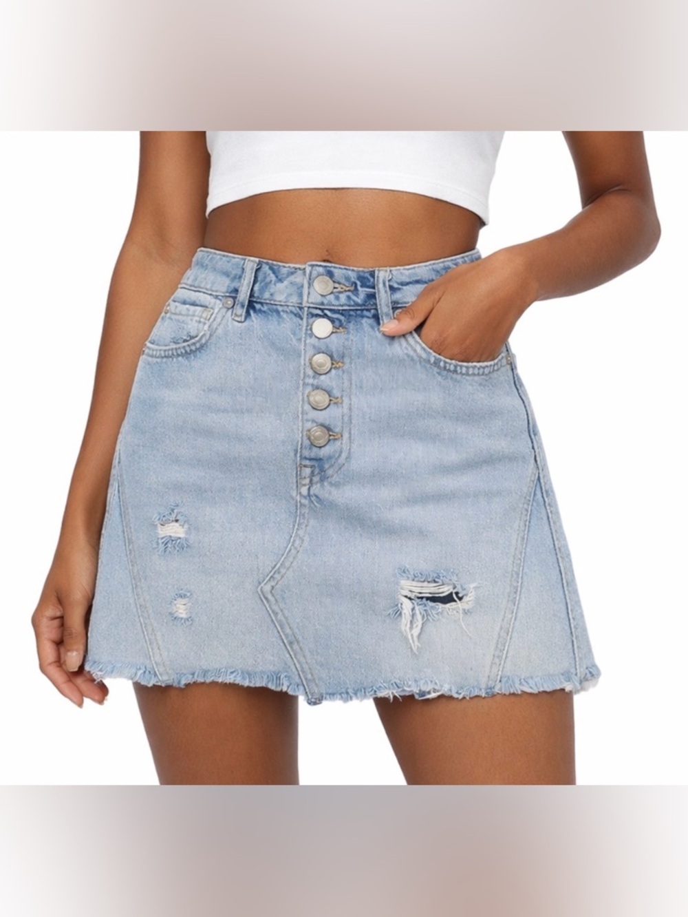 Free People We The Free Denim Mini Skirt Distressed Button Front Bohemian 27
